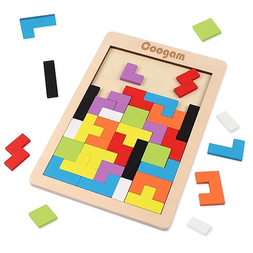 Coogam Wooden Tetris Puzzle Brain Teasers Toy Tangram Jigsaw Intelligence Puzzle Colorful 3D Russian Blocks Game Educational Gift Baby Kids (40 Pcs)