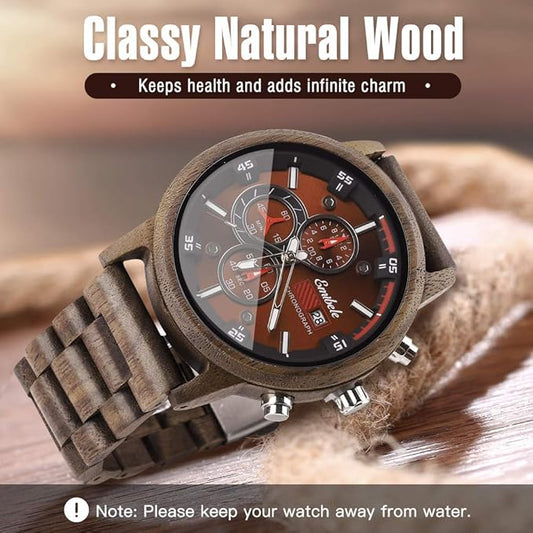 Emibele Men's Wooden Watch, Date Display Chronograph Quartz Wrist Watch, 3 Sub-dials Handmade Lightweight Luminous Watch,