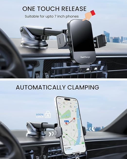 SEVENAIRE CH07 Wireless Car Charger, 15W Fast Charging Wireless Charger for Car, Mobile Holder with Wireless Charger, Auto-Clamping Car Wireless Charger, Compatible with iPhone & Qi Phones Jet Blk