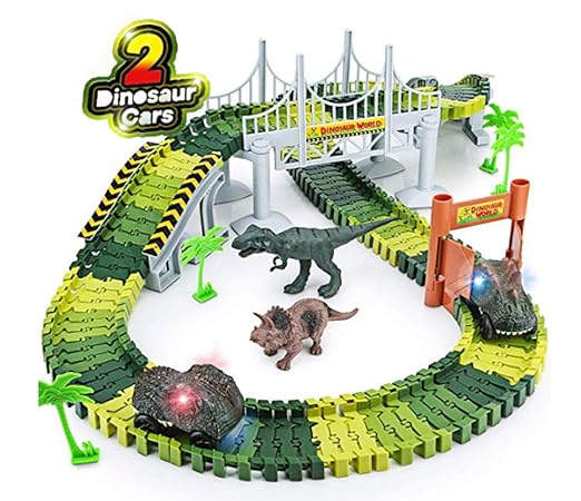 Snaptron Dinosaur Toy for Kids 142 pcs Train Toys for Kids Track Big Size with 2 Toy Cars; Toys for Kids Jurassic World Train Toy with Flexible Race Track Dinosaur Toys for Kids 3-5