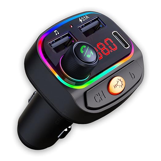 CRUST CS30 Car Bluetooth Device [Upgraded BT v5.3] with Call Receiver, FM Transmitter for Music System & Dual USB + Type C Charger; 7 Colour LED Lights; 6 EQ Presets; USB MP3 Support; Voice Assistant