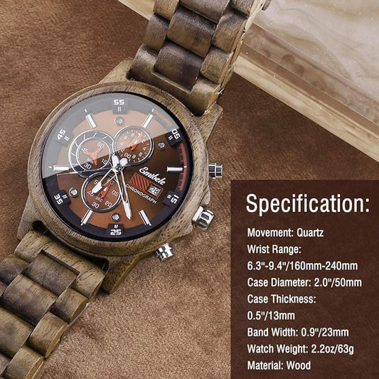 Emibele Men's Wooden Watch, Date Display Chronograph Quartz Wrist Watch, 3 Sub-dials Handmade Lightweight Luminous Watch,