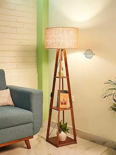 Crosscut Furniture Wooden Floor Lamp with Shelf (Natural Jute). LED Bulb Included